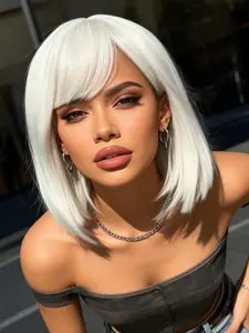 White Bob Wig with Bangs Short Straight White Wigs for Women Silver White Bob Hair Wig for Party Cosplay Daily Use