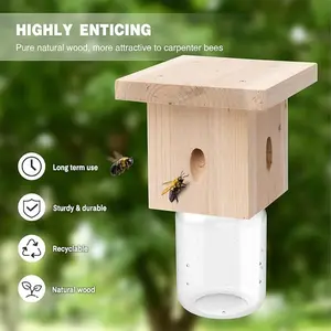 Wooden Bee Trap for Outdoor Garden Use, Best Honeybee and Carpenter Bees Attractor, Natural Hanging Wooden Bee Catcher, Plastic Jar Insect Trapper