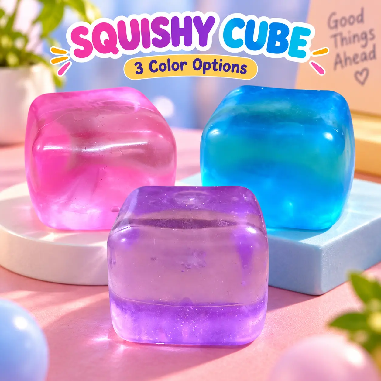 Transparent Squishy Cube, Soft Sensory Fidget Squeeze Toy, 2-Inch Rounded Ice Cube Desk Toy, Available in 1-Pack or 3-Color Set