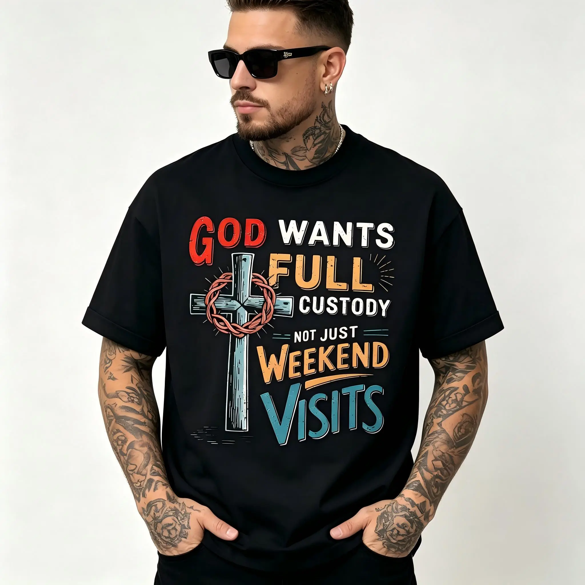 "God Wants Full Custody, Not Just Weekend Visits" Religious T-Shirt for Men - Christian Faith Graphic, Soft Cotton Crew Neck Short Sleeve, Perfect for Church Attire & Daily Casual Wear, Summer Spring Top, Trendy, Machine Washable