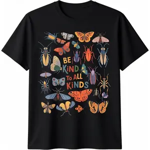 Men's 100% Cotton Round Neck Shortsleeve Tshirt - Menswear Casual Top with "Be Kind To All Kinds" Bugs Entomology Insect Collector Graphic, All-Season Wear