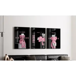 Set of 3 Black and Pink Kaws Poster, Motivational Wall Art,Designer Wall Art, Hypebeast Kaws