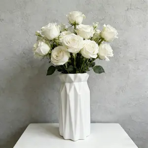 Matte White Plastic Vase Geometric Fluted Design Petal Mouth Modern Home Decor Centerpiece for Living Room Table Lightweight Durable Easy Clean Stylish Flower Arrangement Vase Indoor Decoration Gift Vases for Centerpieces Home Decorative Vase