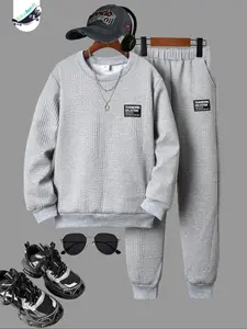 Boys' Fashion Textured Long Sleeve Sweatshirt & Comfortable Elastic Waist Pants Set, Stylish Kids Clothing for Daily Wear Clothes Kids