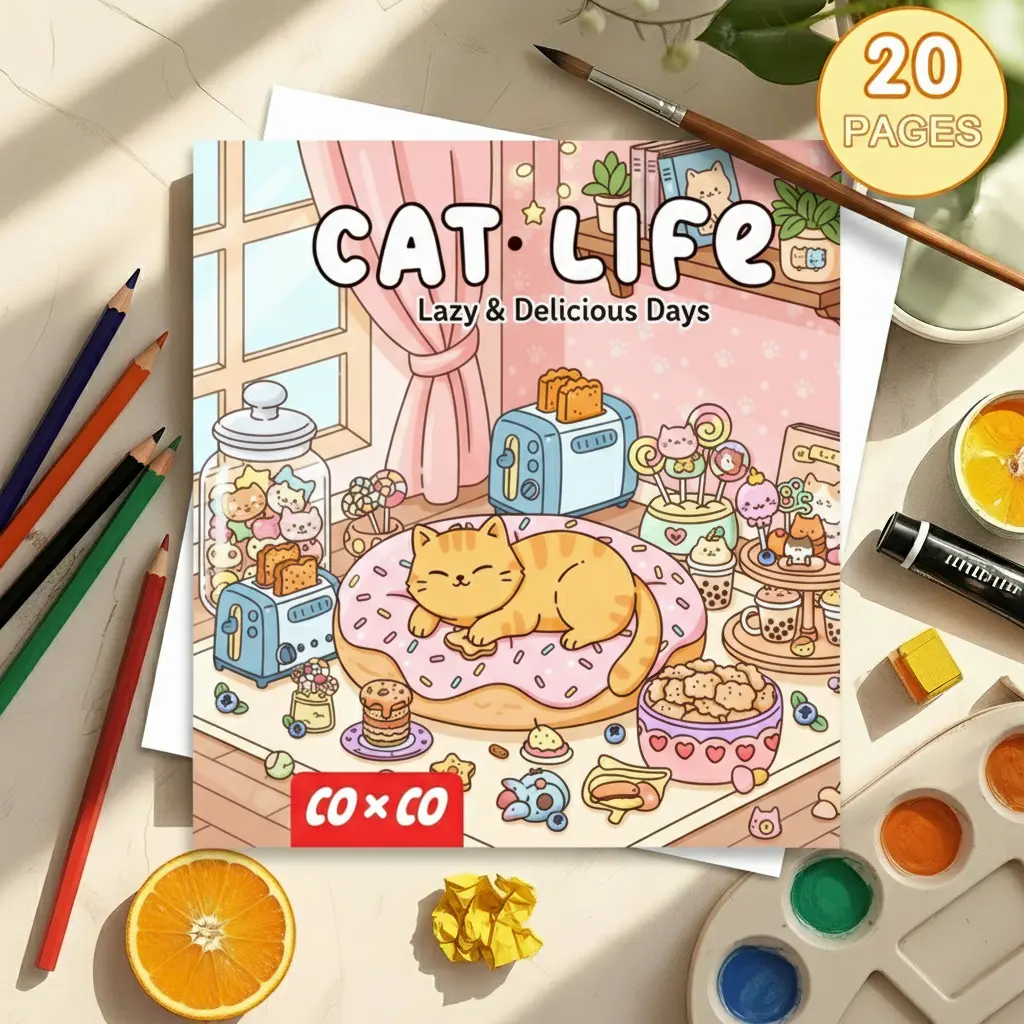 Neutral cartoon creative lazy cat daily coloring book, suitable for teenagers and adults as a painting and relaxation reading material ingredient adventure child
