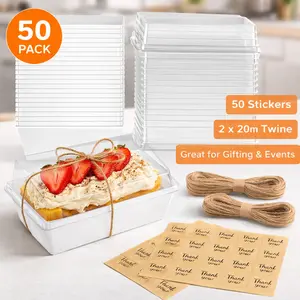 50 Pack 6”x3” White Dessert Boxes with Clear Lids – Small Paper To Go Containers for 2 Cupcakes, Muffins, Sandwiches, Strawberries – Charcuterie Treat Boxes