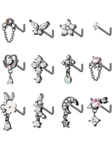 Exquisite 12 Pcs Cool L Shape Ear Studs 20G Dangle 316 Stainless Steel Nose Rings Studs for Women Men L-Shaped Nose Studs Cross CZ Butterfly Heart Flower Dangling Piercing Jewelry Set