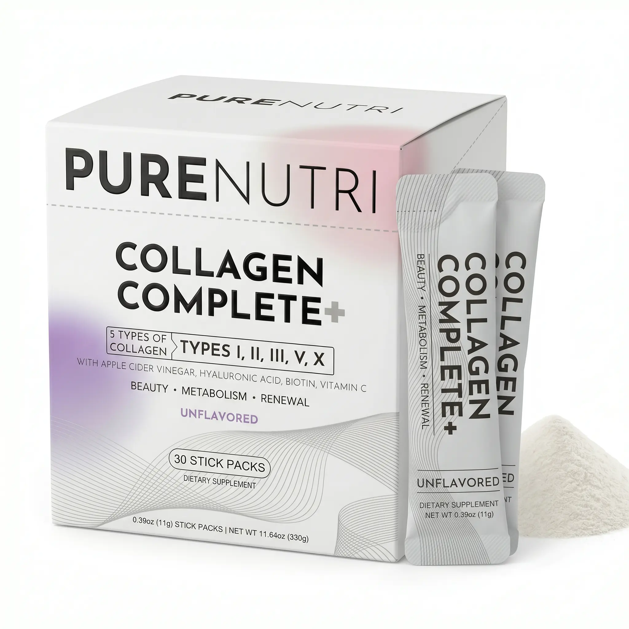 PURENUTRI Multi Collagen Peptides Powder for Skin, Hair & Nails, Types I, II, III, V & X, with ACV, Biotin, Vitamin C & Hyaluronic Acid, 30 Stick Packs