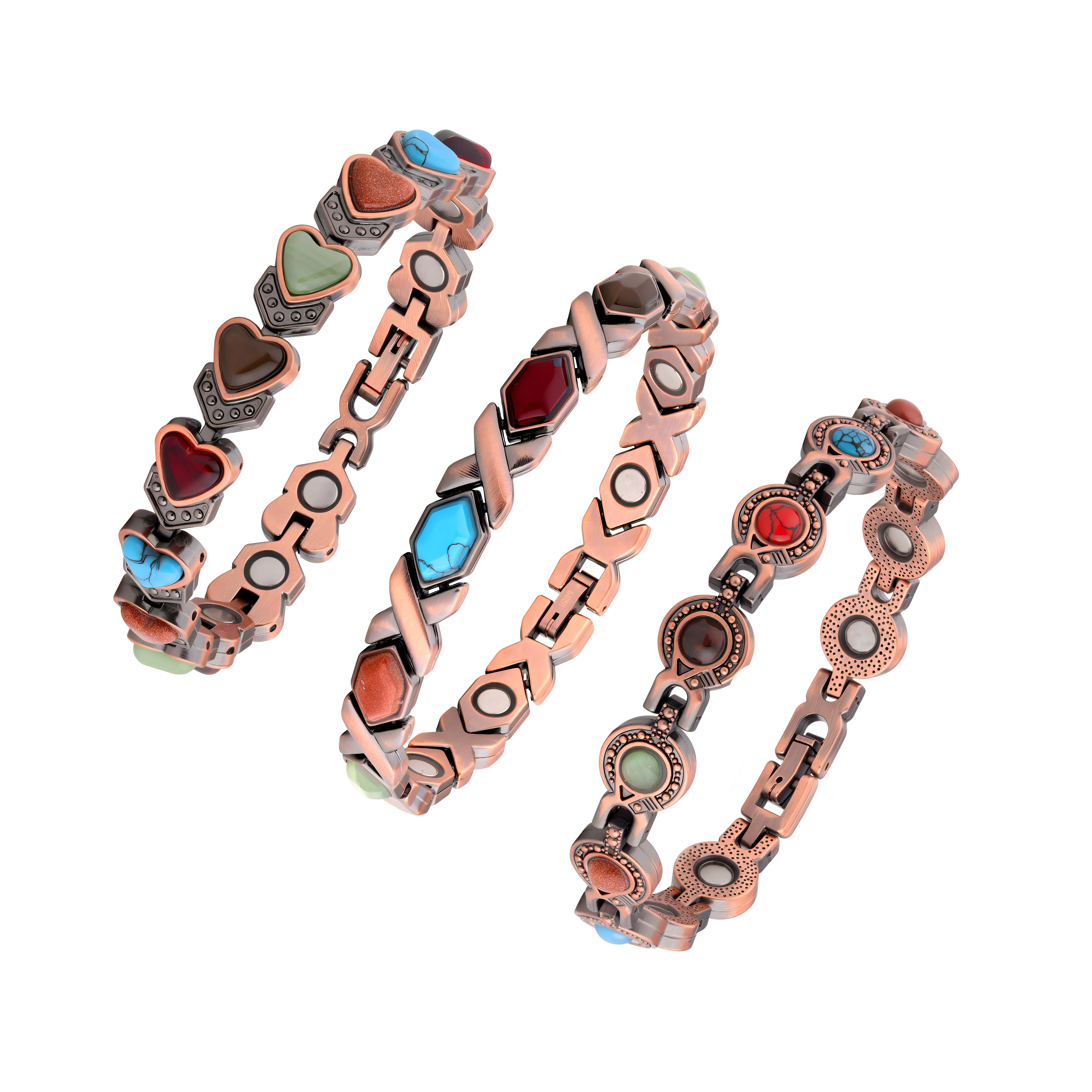 Nandudu 3pcs Pure Copper Bracelets for Women, Everyday Wear Heart Charm Bracelet with Heart-Shaped Artificial Gemstone, Magnetic Adjustable for Arthritis Support, Layered Look Design