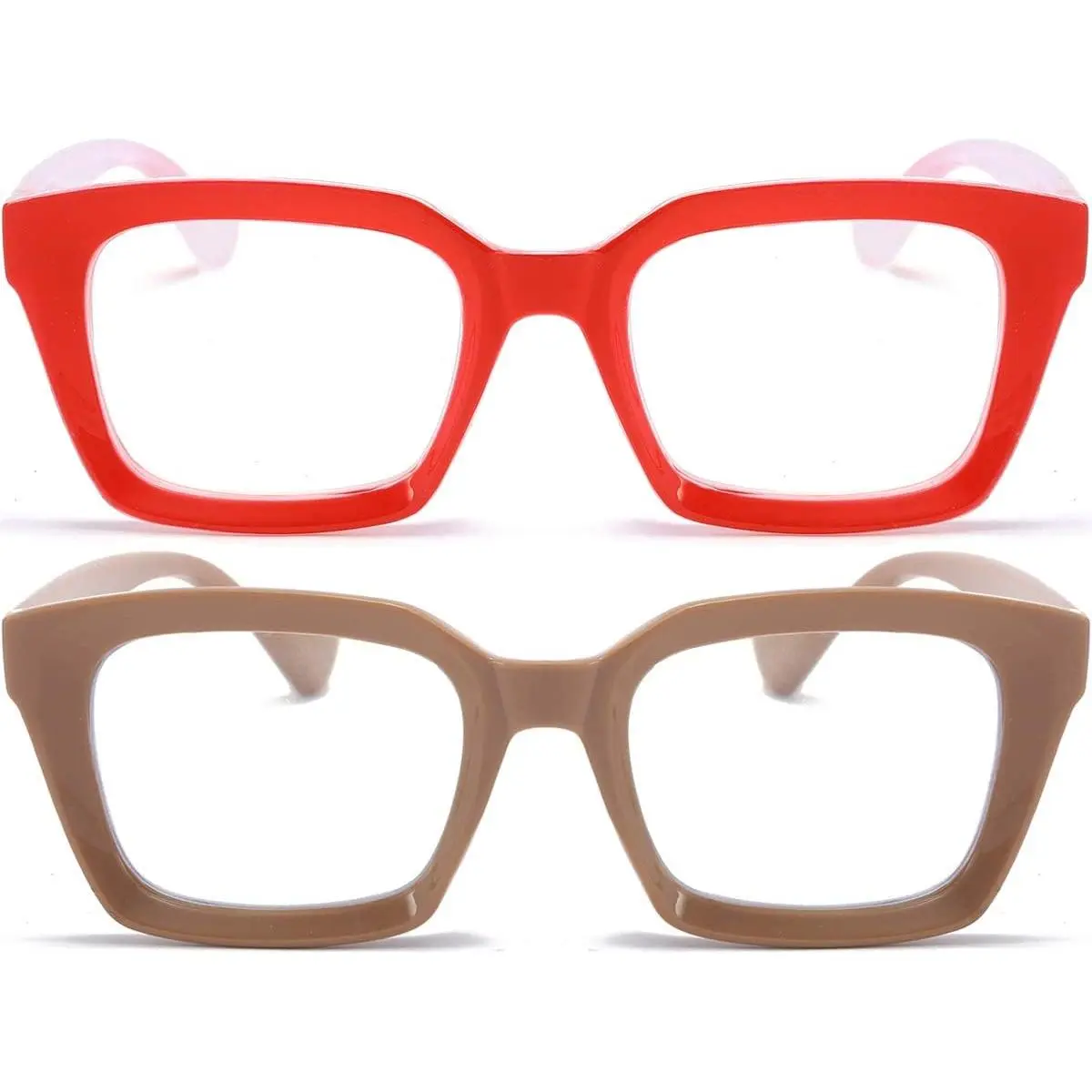 Women's 2-Pack Oprah-Style Oversized Square Frame Reading Eyewear for Female Fashion Lovers - Blue Light Blocking Lenses, Scratch-Resistant, UV400 Protection, Reinforced Arms, Durable Vintage Design, Cleaning Included (A3 Red + Coffee)