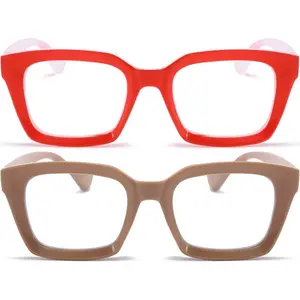 2 Pack Oprah Style Oversized Reading Glasses Women Men Blue Light Blocking, Women Fashion Vintage Square Large Computer Reader (Red/Coffee Color X)