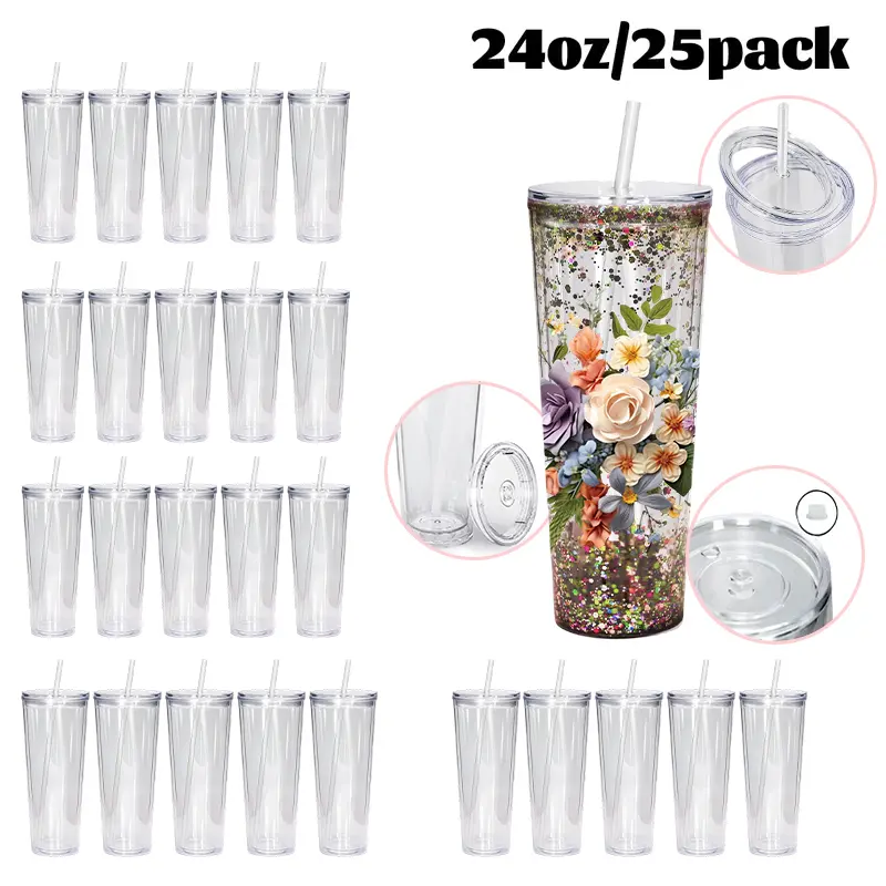 25-Pack 24oz Clear Double-Wall Tapered Plastic Snow Globe Tumbler Water Bottles - Portable Reusable Containers with Pre-Drilled Hole, Lid, Straw, Silicone Plug for Glitter DIY, Festive Gifts, Bottle, Cup