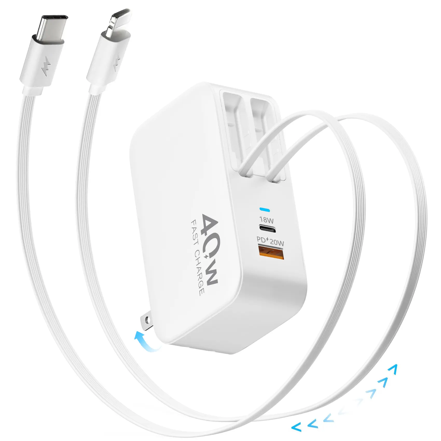 4-in-1 Portable Retractable Wall Charger Plug - 40W Fast Charging, Foldable Shell, Dual USB Ports, 90cm Lightning & Type-C Cables, Compatible with Smartphone, Mobile Device, Electronic Gadget, Android Device, iPhone 16/15, iPad, AirPods, Galaxy, Pixel