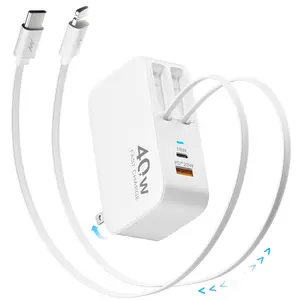 4-in-1 Retractable Wall Charger with Dual USB Ports and 90cm Lightening and Type-C Cables, 40W Fast Charging Foldable Block Compatible with ipad,iPhone 16/15, airpods,Galaxy, Pixel, and More