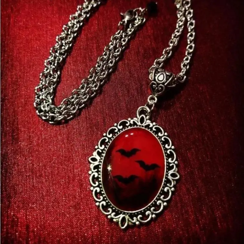 Women's Dark Gothic Blood Red Bat Charm Oval Pendant Choker, Unisex Halloween Vampire Embossed Witch Vintage Costume Jewelry Necklace, Dark Gothic Necklaces