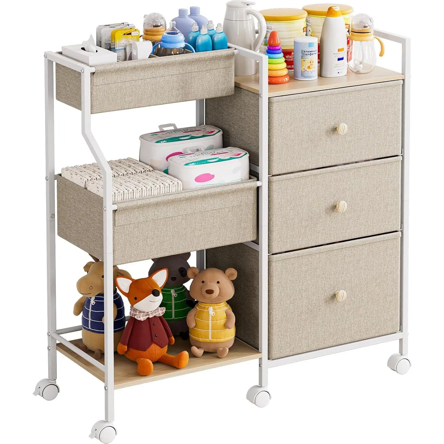 Organizer and Storage - 3 Tier Rolling Cart with Dividers and Drawers, Easy to Assemble, Mobile Utility Cart with Wheels for , Bedroom, Changing Table & ,