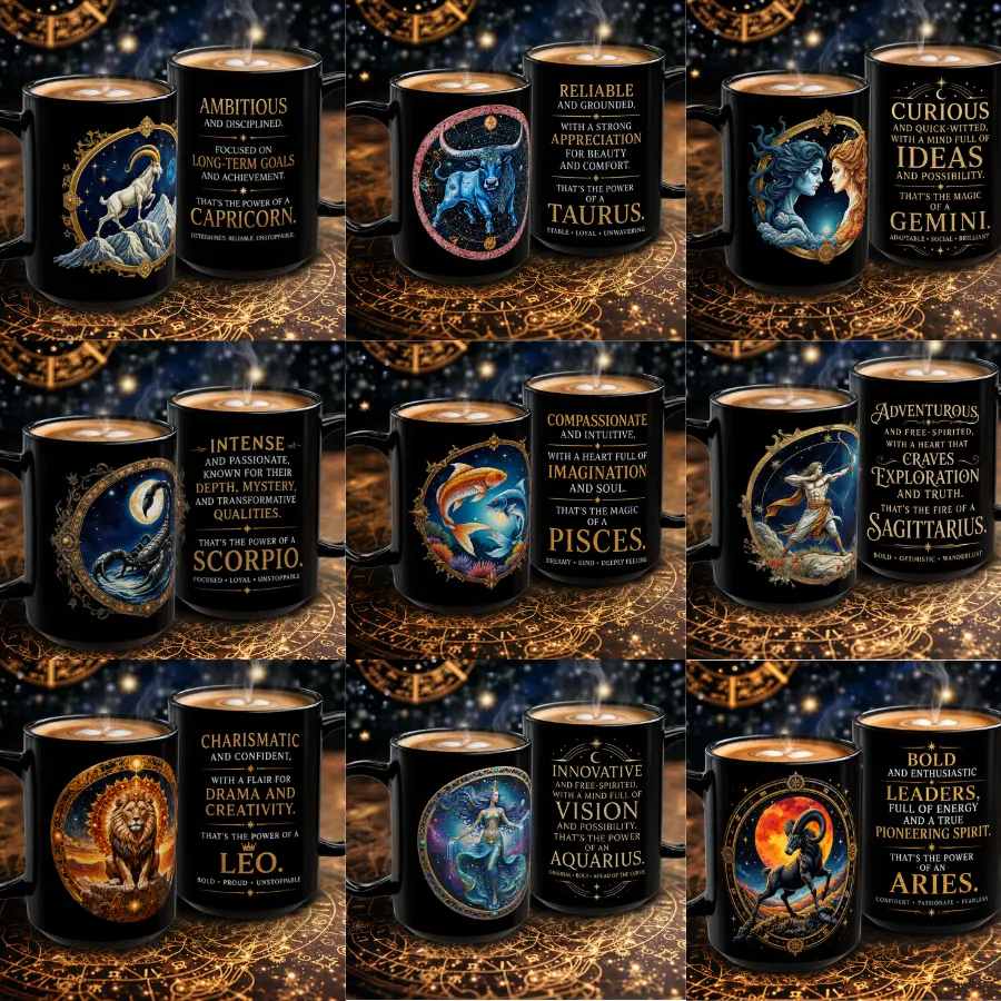 Zodiac Coffee Mug Collection, Black Astrology Horoscope Cup, Celestial Star Sign Mug Gift for Men Women