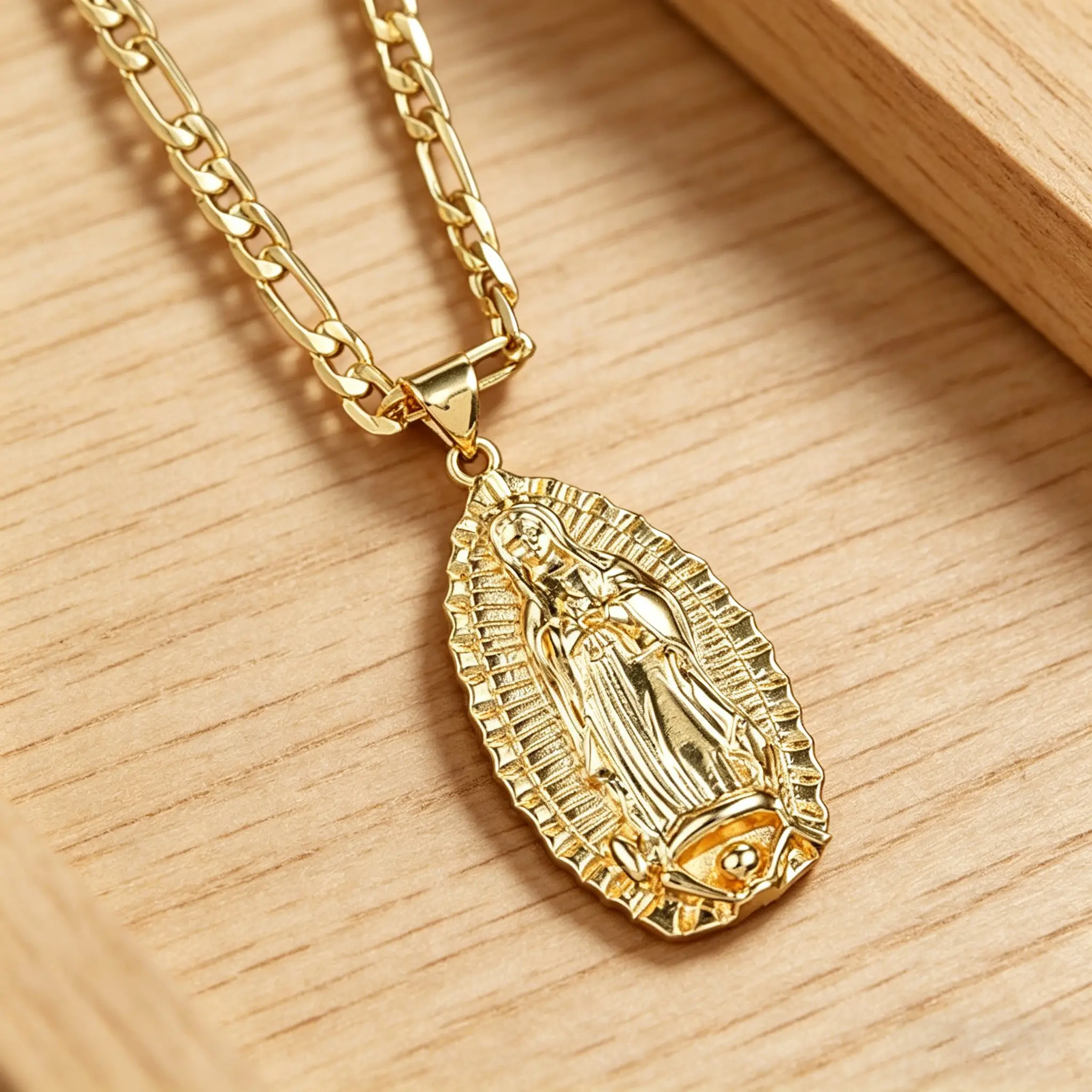 14K Gold Plated Guadalupe Virgin Mary Oval Pendant Necklace for Women Men 3mm Flat Figaro Chain Necklace 18/22 inches