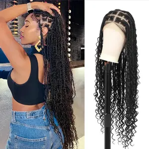 24-Inch Bohemian Goddess Box Braid Wig for Women - No Glue & Knotless with Curly Tips, Double Full Lace Front Featuring Butterfly Edge, Flame-Retardant Lightweight Synthetic Hair (180% Density), Breathable & Comfortable - Perfect for Easter And Summ