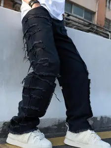 Men's Solid Color Ripped Jeans, Loose Fit Baggy, Loose Casual Comfy Denim Trousers for Daily Wear, Fashion Men's Bottoms for All Seasons, Cotton