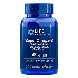 Life Extension Super Omega-3 EPA/DHA Fish Oil, Krill Oil Softgels Sesame Lignans & Olive Extract 240 Softgels - Heart, Brain, and Inflammation Health Support