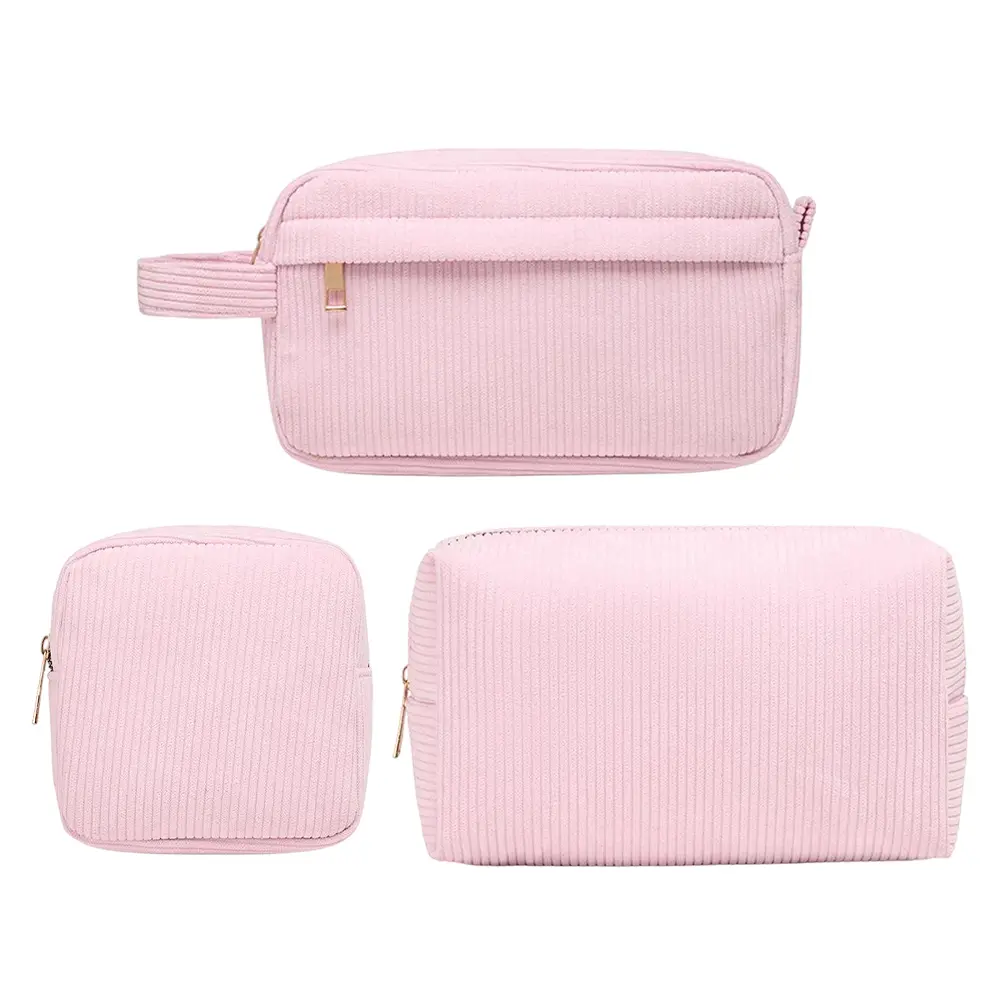 3pcs Corduroy Makeup Bags - Cute Small Cosmetic Purses with Zipper Closure, Pink Preppy Travel Toiletry Organizer for Women, Compact Makeup Case Set