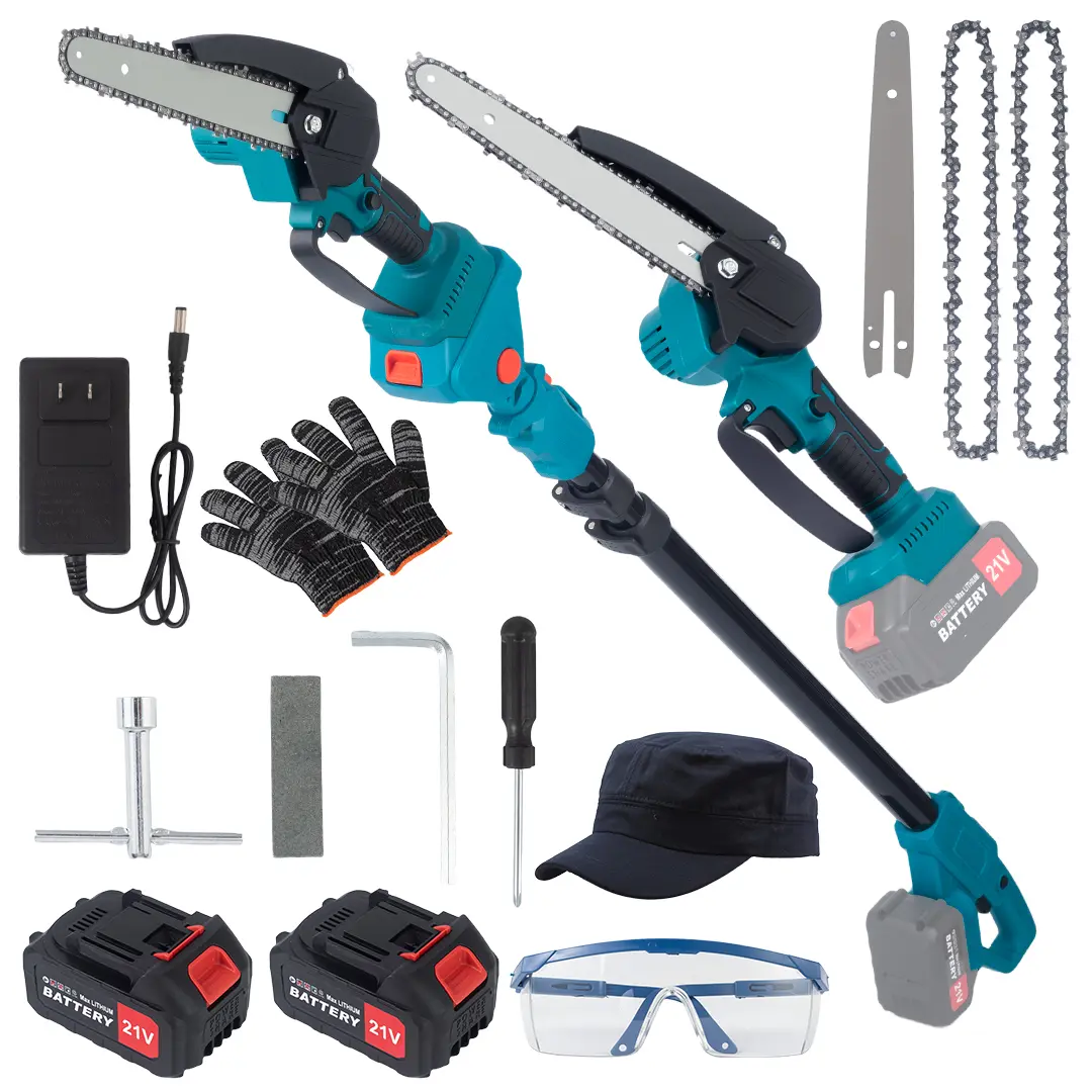 2-in-1 Cordless Tree Trimmer Pole Saw Kit - Cordless Pruning Saw, 180° Rotatable Head, Auto Oiling, 2 Batteries, Safety Gear & Accessories for Tree Trimming