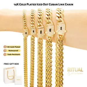 14K Gold Plated Iced Out Cuban Link Chain, 6mm-14mm Width, 16-30 Inch Length Available, Waterproof & Fade Proof, Unisex Hip Hop Necklace for Men Women, CZ Box Clasp, Perfect Gift for Him/Her
