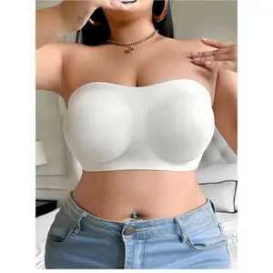 Plus Size Strapless Bandeau Bra, Non-Slip Wireless Support Tube Top for Curvy Women, Comfortable Seamless Bralette in White & Apricot