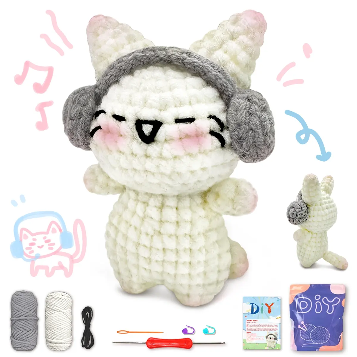 1pc YAMAXIN Headphone Kitten Crochet Set, Mixed Color, Fabric, Animal Crochet Kitwith Step-by-Step Video Tutorials, Crochet Gifts, Crochet Items