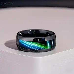 Men's Stainless Steel Statement Ring - Trendy Scratch-Resistant Finger Band with Black Dome, Blue Tiger Eye Slice, Blue Aurora Glossy Cabochon Inlay - New Arrival Fashion Accessory for Street Casual, Office Wear