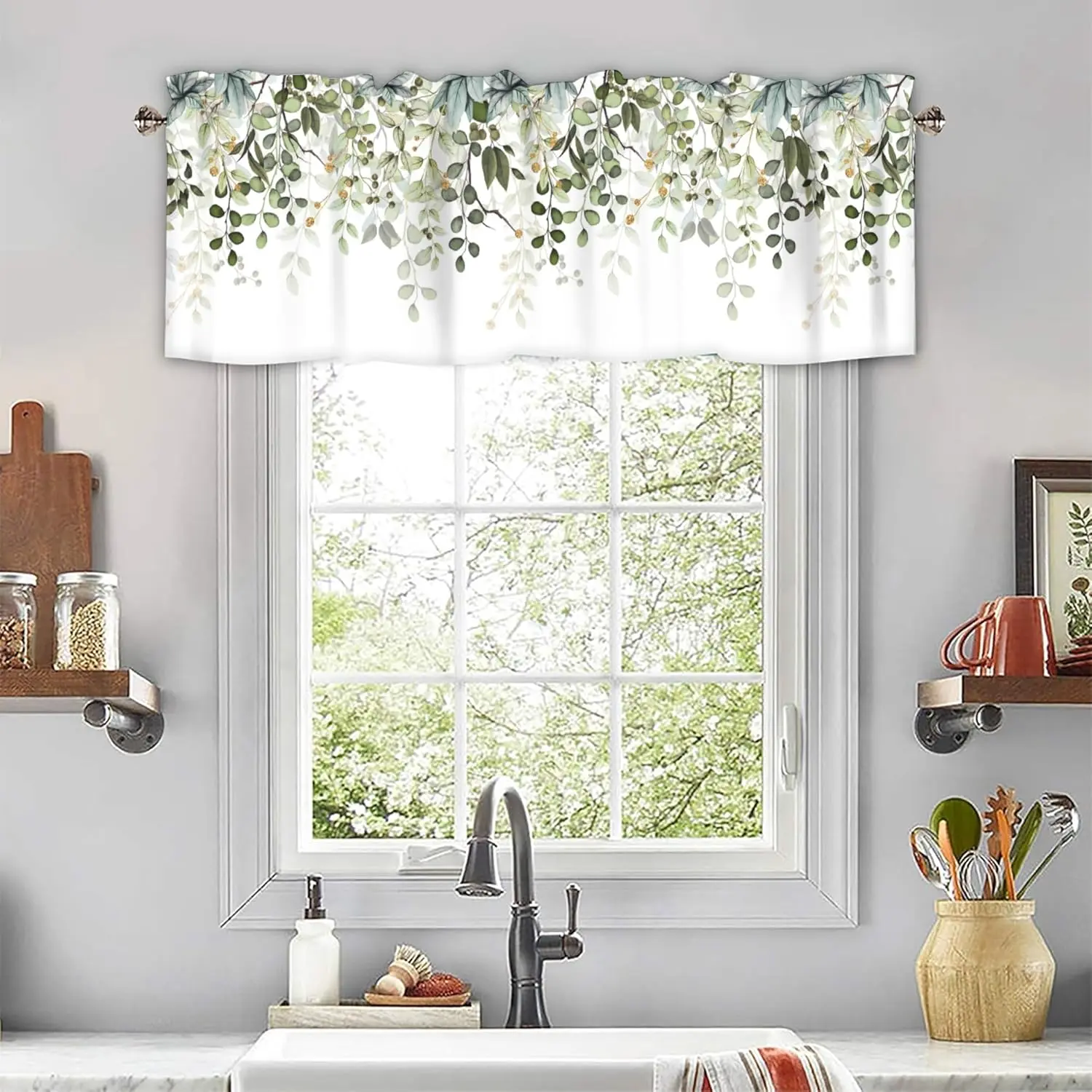 Sage Green Eucalyptus Leaves Curtain Valance for Windows Watercolor Window Treatments 1 Panel Short Curtains for Kitchen Windows Bathroom Bedroom Corded Blinds Interior Decoration Accessories