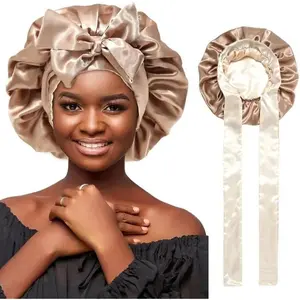 2-Tone Satin Heatless Sleep Bonnet for Curly Hair & Curly Hairstyles, Adjustable Double-Layer Haircare Hat with Soft Elastic Strap, 65.94cm Circumference, Friction-Reducing Fashion Accessory