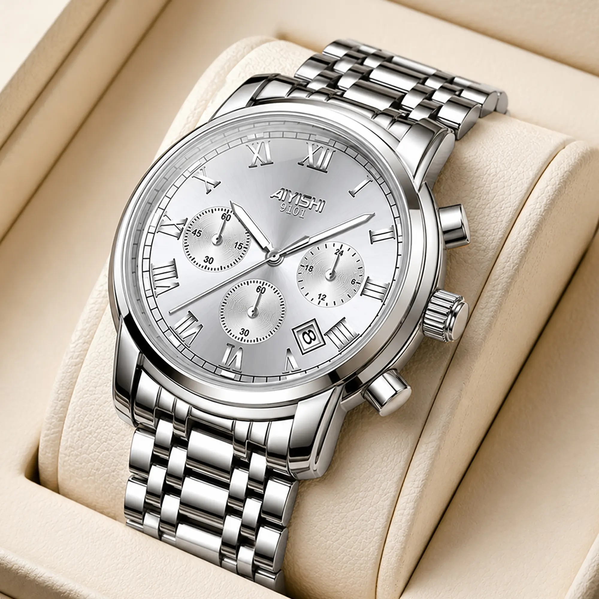 AIYISHI men’s quartz watch with stainless steel strap, multifunction chronograph, calendar function, 3 ATM water resistance, perfect gift choice, 18006G male