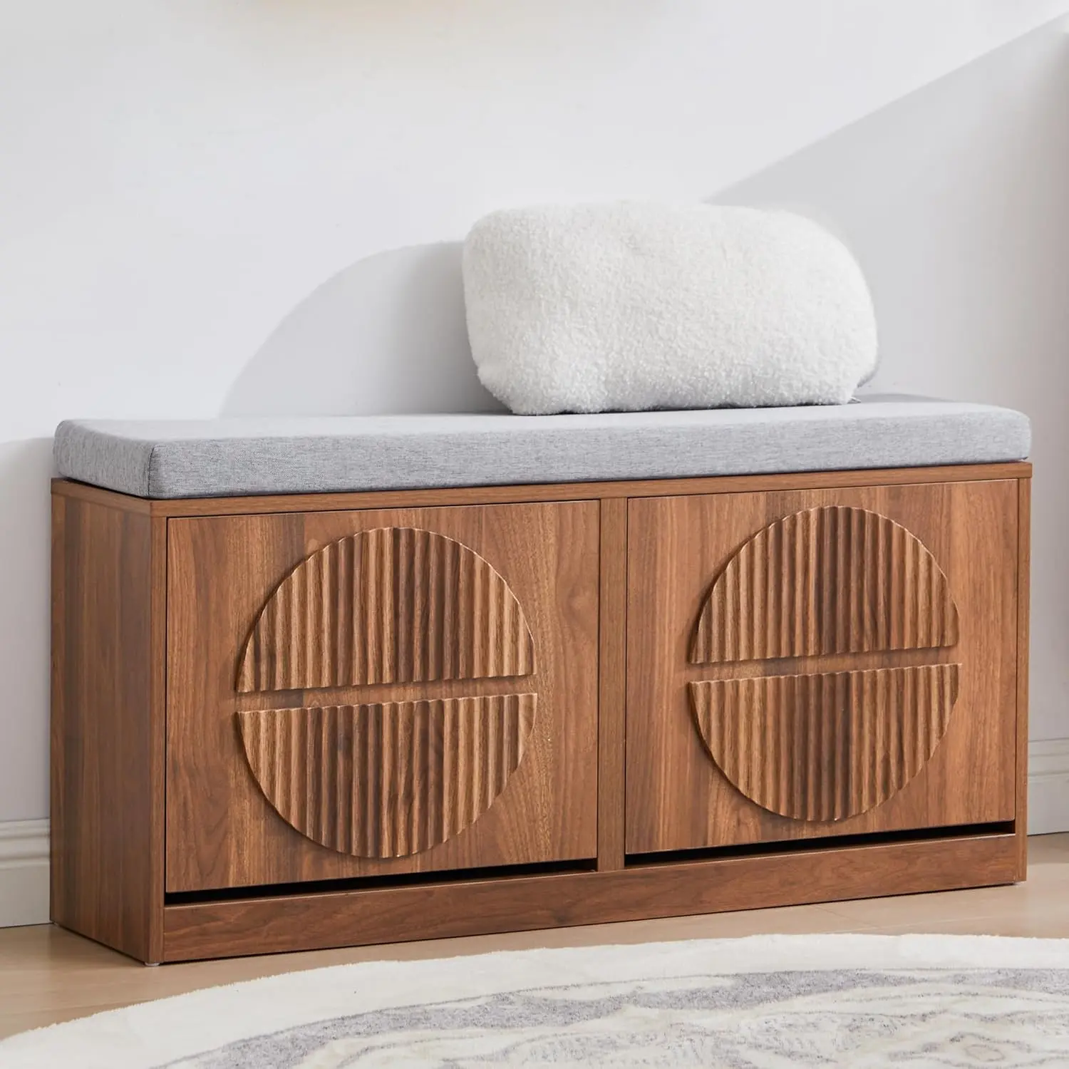 FurSch Slim Shoe Storage Bench for Entryway, Wooden Shoe Cabinet with Flip-Down Drawers and Adjustable Shelving, Cushioned Shoe Bench with Textured Panel for Hallway or Living Room
