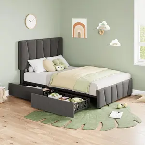 Twin Dark Gray Bed Frame with Adjustable Headboard and 2 Storage Drawers Soft Upholstered Platform Bed with Wooden Slats Support No Box Spring Needed