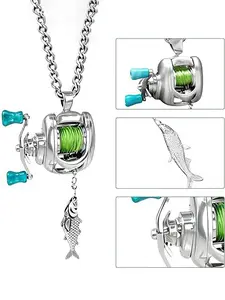 Mini Fishing Reel Necklace, Rotating Handle, Detachable Line Ring, Spinning Wheel Keychain, Portable Fishing Lure Pendant, Gift for Fishermen