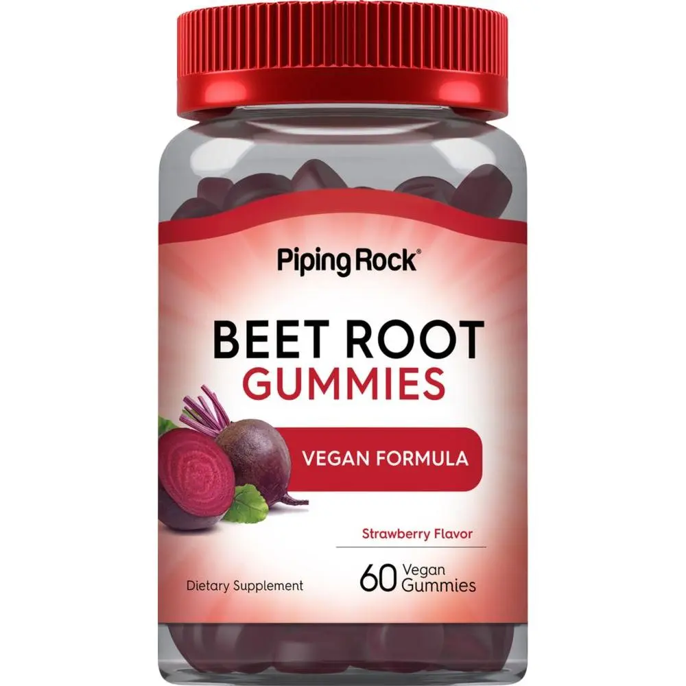 Piping Rock Beet Root Gummies - 60 Count - Nitric Oxide Supplement - With Vitamin C and Black Pepper - Strawberry Flavor - Vegan, Non-GMO, Gluten Free