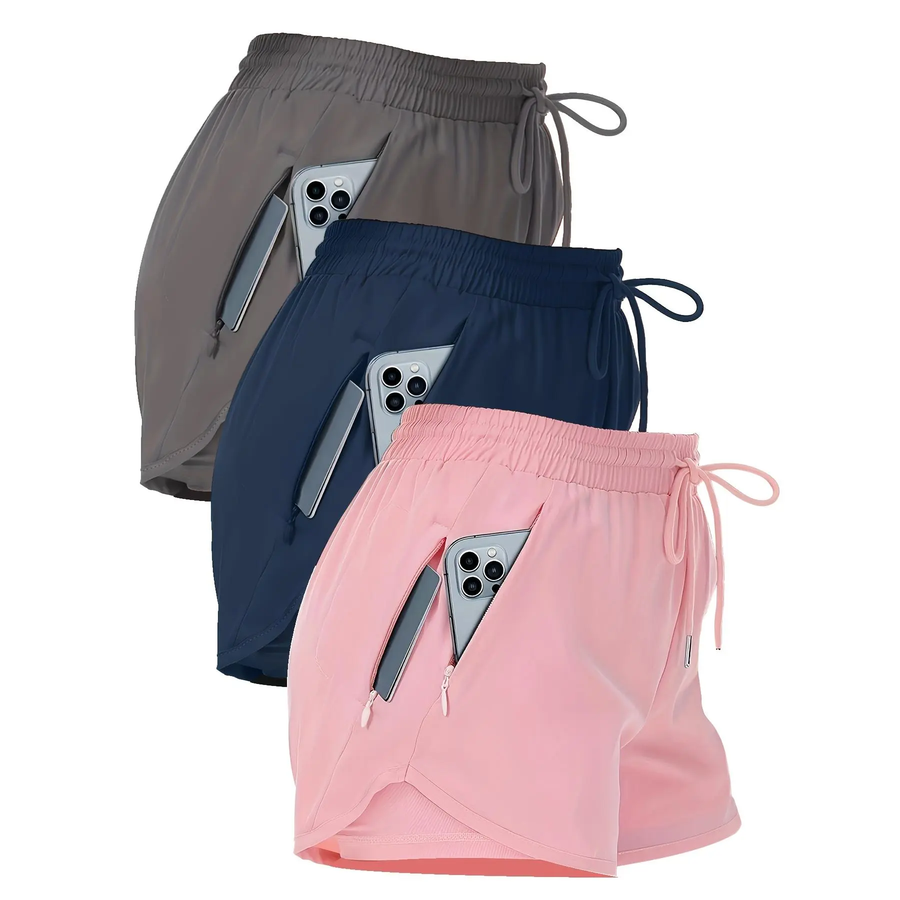 Women's 3-Pack Solid Active Athletic Shorts - Quick-Dry, Breathable Polyester Elastane, Drawstring, Short Length, Regular Cut, Zipper Pocket for Running, Workouts