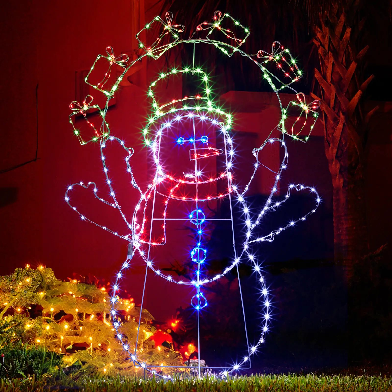 5FT Fun Juggling Snowman Christmas Yard Decorations, Pre-lit 2D Animated Snowman with 358 LED Multi-Color Lights and Stakes for Xmas Outdoor Holiday Indoor Decor Lighted Holiday Displays