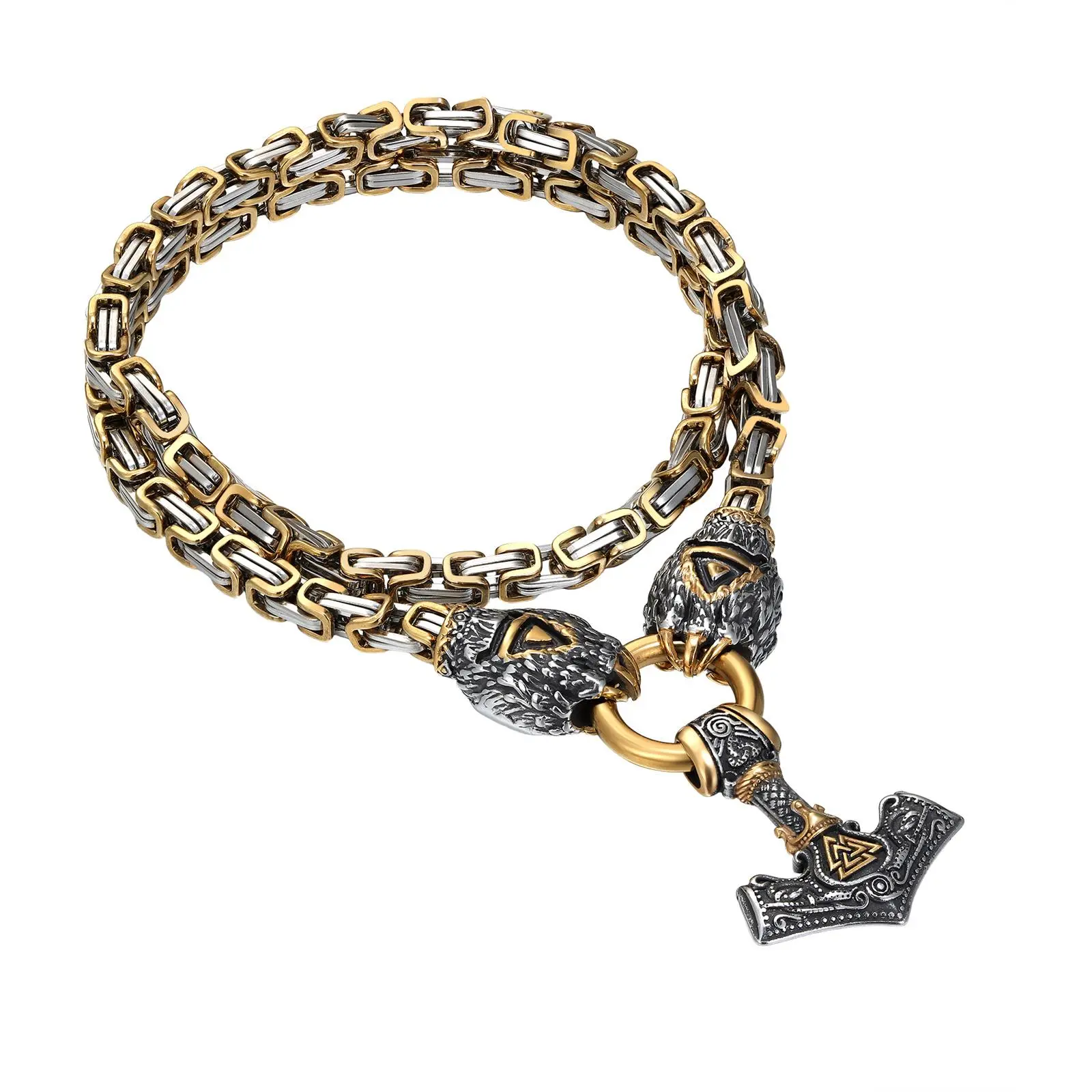 OIDEA Men's Viking Thor Hammer Necklace, Cast Stainless Steel Pendant with Wolf & Runes, Rugged 24 in Byzantine Chain, Men's Accessories Gift for Dad on Father's Day, 24 In (60 Cm), Gifting, One-Piece