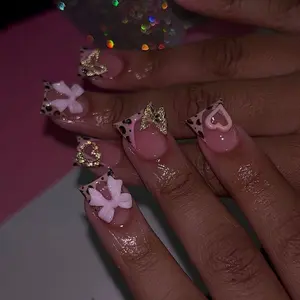 24 Pcs Duck Bill Nail Tips, Leopard French Edge, 3D Butterfly & Cherry Charms, Gold Heart Details, Glossy Gel Nails, Reusable, Party Ready, Nail Art Design