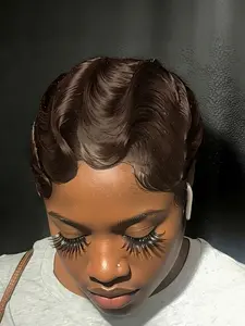 black brown burgundy short finger wave curly pixie cut machine made wig human hair wigs for women short daily party cosplay use human hair wig