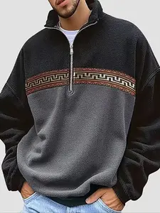Ethnic style fall outfits men 's half-zipper stand-up collar long-sleeved hoodie, autumn and winter color-blocking polar fleece top, casual and warm retro trendy pullover, easily switch between daily casual, home and outdoor scenes