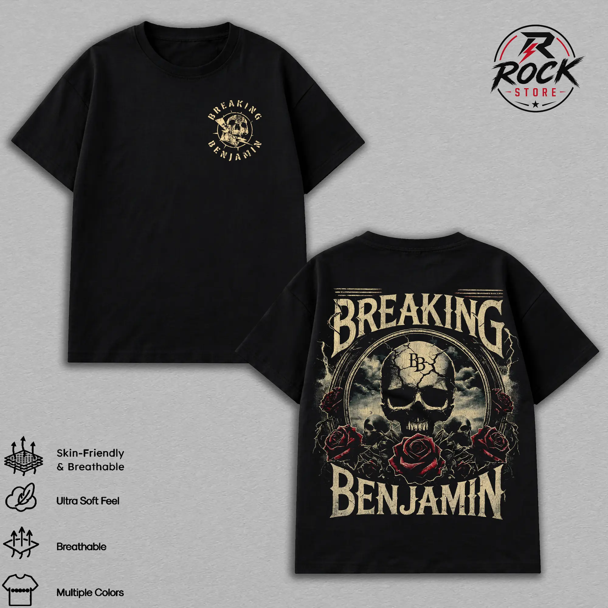 Breaking Benjamin Skull and Roses T-Shirt Hoodie, Alternative Metal Rock Band Graphic Tee, Vintage Distressed Hard Rock Shirt, Gothic Concert Music Tee, Heavy Rock Fan Gift, Unisex Casual Band Tee for Men Women