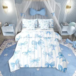 Feelyou 7-Piece Cute Blue Dreamy Bows Kawaii Bedding Set - Luxe Microfiber, Breathable Soft Bedsheet Sets, Multi-Size for Kids, Multi-Size Set