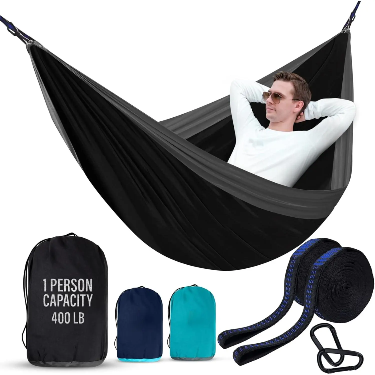 Camping Hammock - Durable Hammock, Nylon Hammock - Double or Single Hammocks - Portable Tree Hammock - Hammocks for Outside - Easy to Set, Camping Accessories for Outdoor, Travel, Hiking