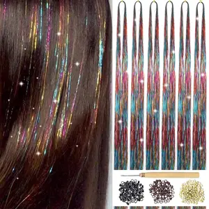 Hair Tinsel Kit With Tools Rainbow Tinsel Hair Extensions 6 count 1200 Strands Fairy Hair Tinsel Heat Resistant Glitter Hair Extensions Sparkling Shiny Hair Tensile for Girls Women  (Rainbow)