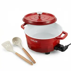 AORAN Red enamel cast iron dual-zone electric hot pot featuring rapid heat transfer and high-temperature resistance with a non-stick coating for easy cleaning