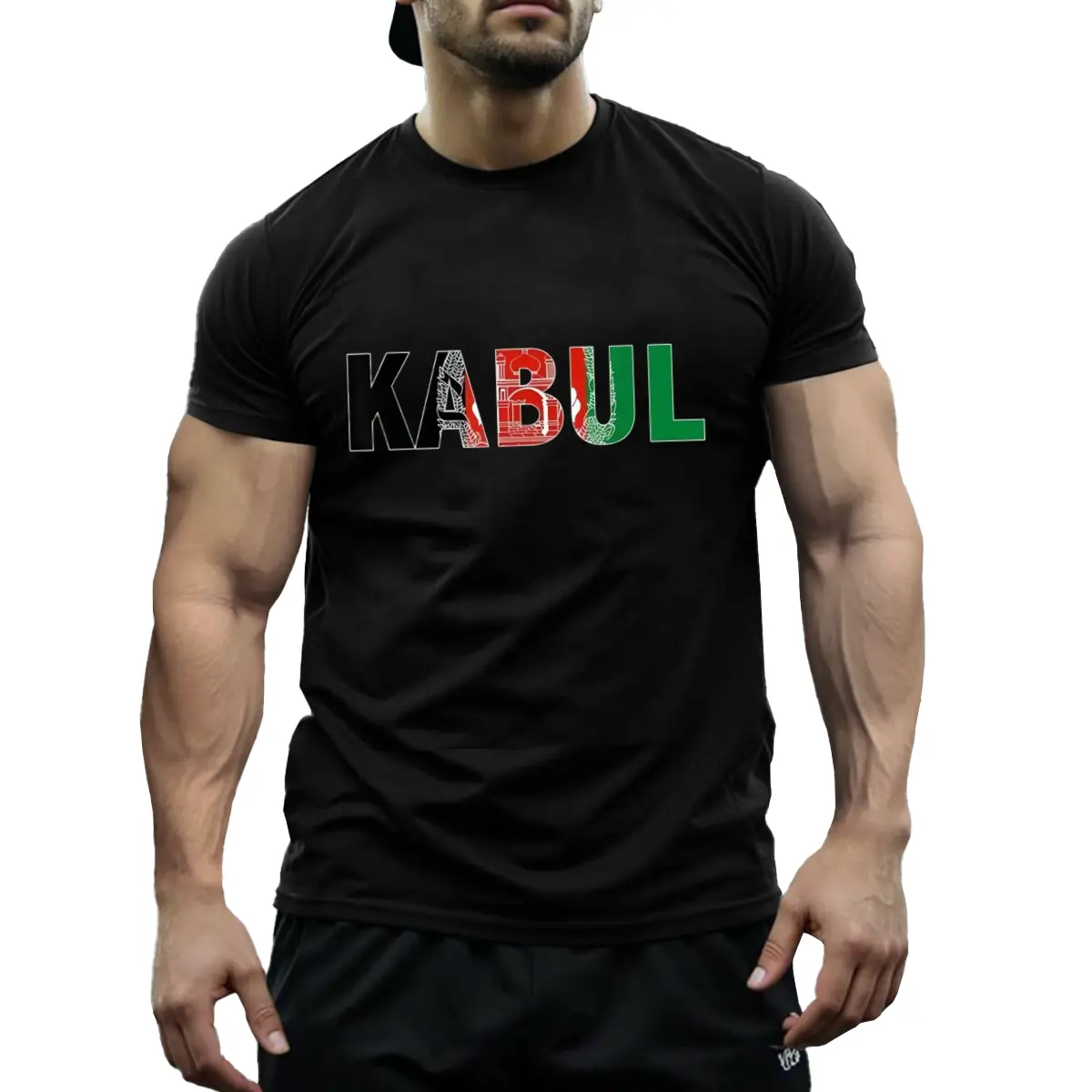Menswear Heavyweight Round Neck Short Sleeve Casual Streetwear Unisex 100% Cotton T-Shirt, S-3XL Sizes, Kabul Afghanistan Flag Patriotic Design for Men, Women